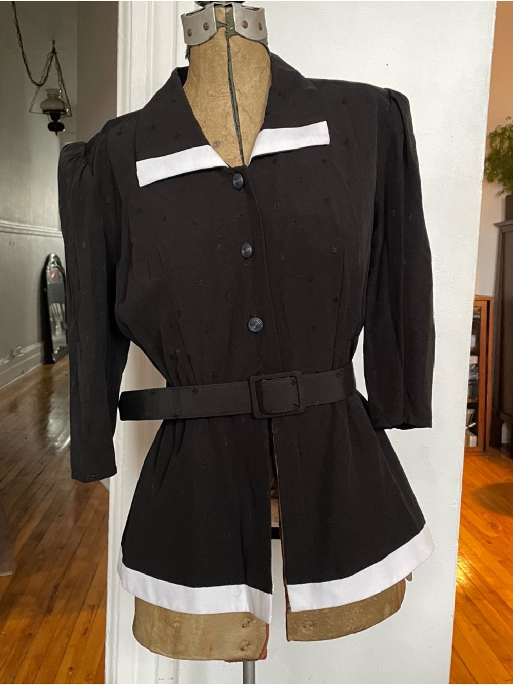 DEADSTOCK vintage Black Belted Blouse with White Trim